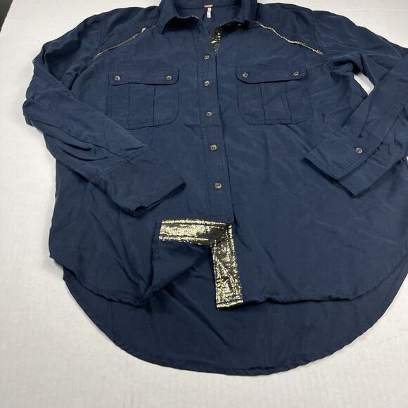 Free People Off Campus Shirt Blue Gold Shimmer Utility Loose Fit Tunic Top SMALL - Picture 2 of 10